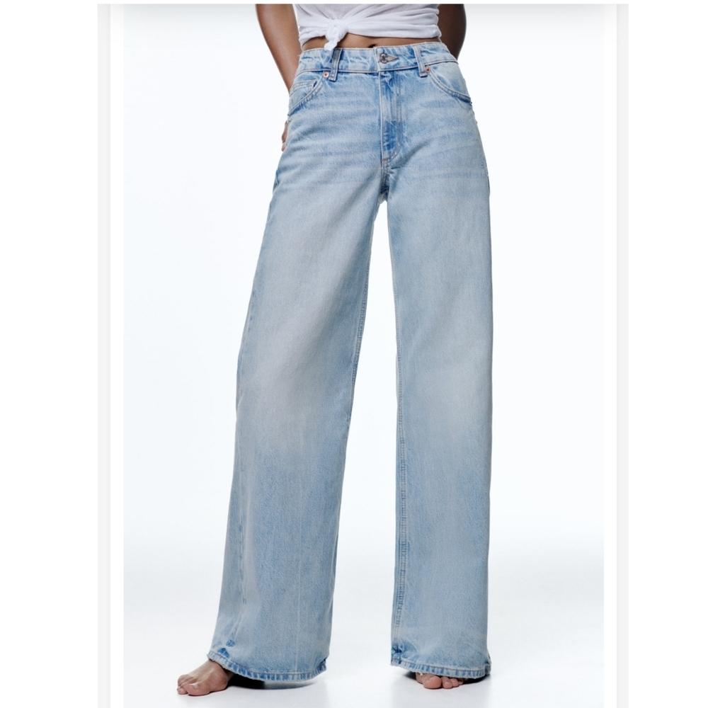 Zara high rise flare wide leg full length jeans light wash